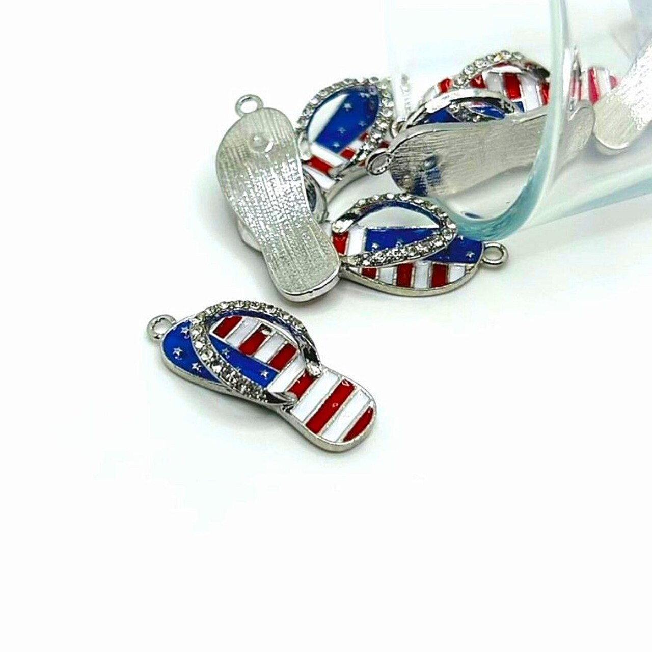 Red White and Blue Enamel Flip Flop Sandal 3D Charms with Rhinestones, 33x12mm